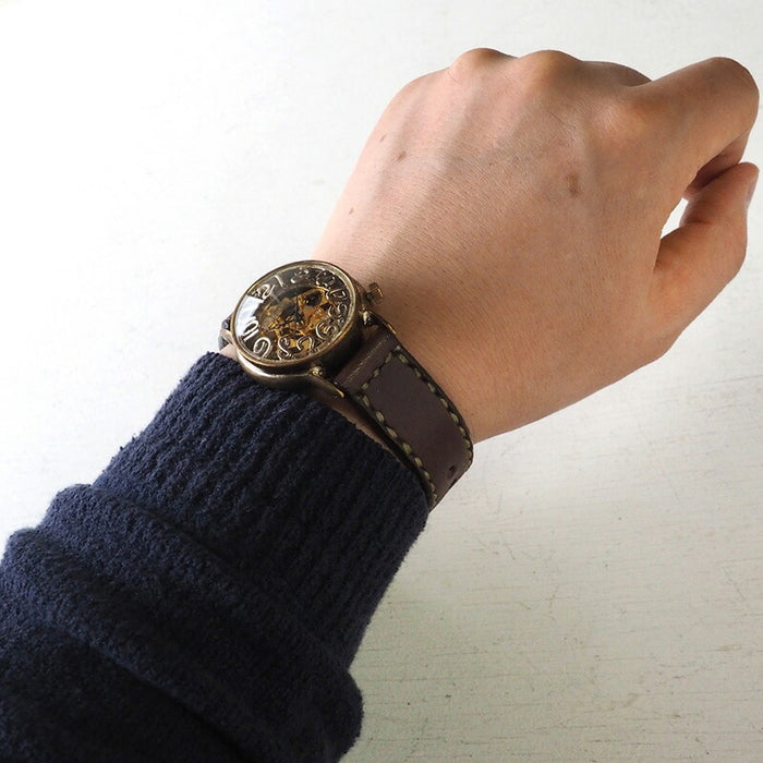 Watanabe Kobo 手工手錶自動上鍊後蓋鏤空男士黃銅 32mm 手工縫製皮帶 [NW-BAM032] 