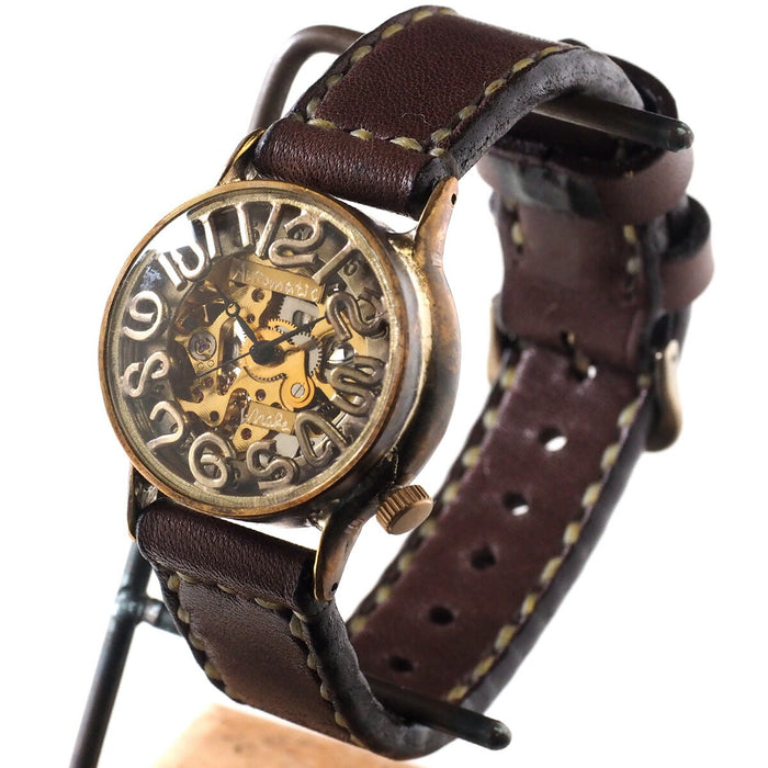 渡辺工房 手作り腕時計 自動巻 裏スケルトン メンズブラス 32mm 手縫いベルト [NW-BAM032]