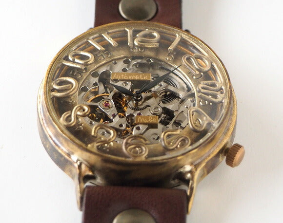 Watanabe Workshop 手工手錶自動上鍊後蓋骨架 jumbo 黃銅 42mm 普通皮帶 [NW-BAM040-N] 