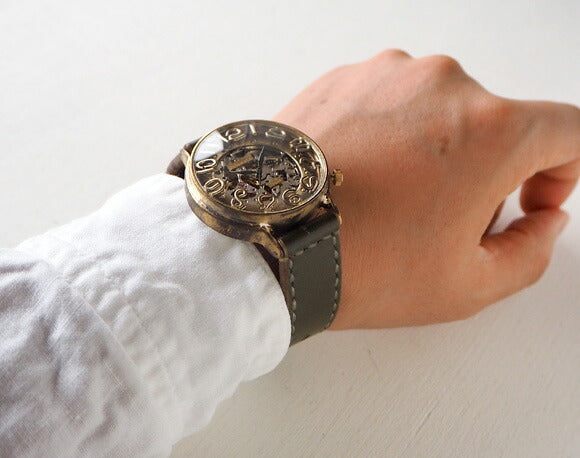 渡辺工房 手作り腕時計 自動巻 裏スケルトン ジャンボブラス 42mm 手縫いベルト [NW-BAM040-S]