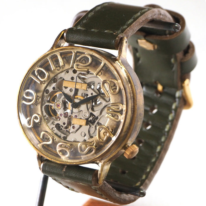 Watanabe Workshop 手工手錶 自動上鍊後蓋鏤空巨型黃銅 42mm 手工縫製皮帶 [NW-BAM040-S] 