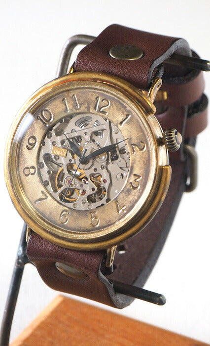 Watanabe Workshop 手工手錶 自動上鍊後背骨架 jumbo 黃銅銘牌數字面 42mm 普通皮帶 [NW-BAM043] 