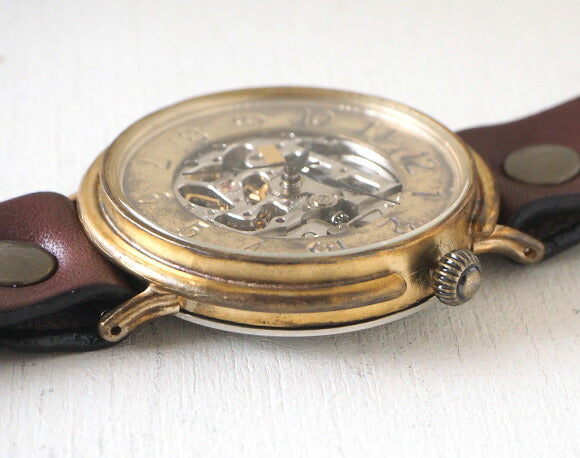 Watanabe Workshop 手工手錶 自動上鍊後背骨架 jumbo 黃銅銘牌數字面 42mm 普通皮帶 [NW-BAM043] 