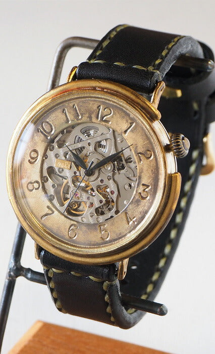 Watanabe workshop handmade watch automatic winding back skeleton jumbo brass plate number face 42mm hand-sewn belt [NW-BAM043-T] 