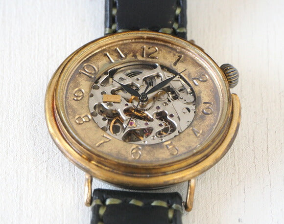 Watanabe workshop handmade watch automatic winding back skeleton jumbo brass plate number face 42mm hand-sewn belt [NW-BAM043-T] 
