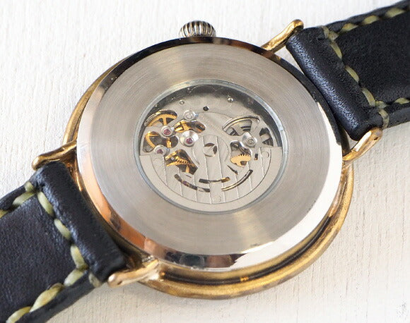 Watanabe workshop handmade watch automatic winding back skeleton jumbo brass plate number face 42mm hand-sewn belt [NW-BAM043-T] 