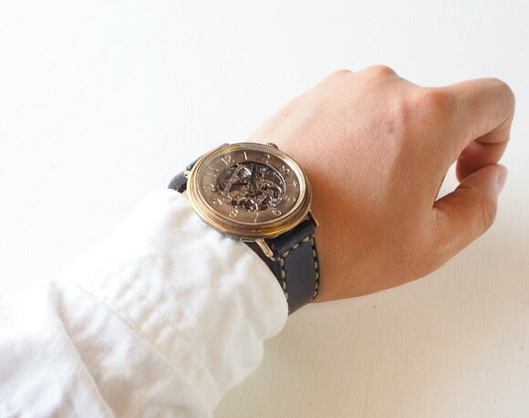Watanabe workshop handmade watch automatic winding back skeleton jumbo brass plate number face 42mm hand-sewn belt [NW-BAM043-T] 