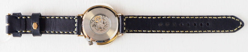 Watanabe Workshop 手工手錶自動上鍊後蓋鏤空巨型黃銅銘牌數字面 42mm 手工縫製皮帶 [NW-BAM043-T] 
