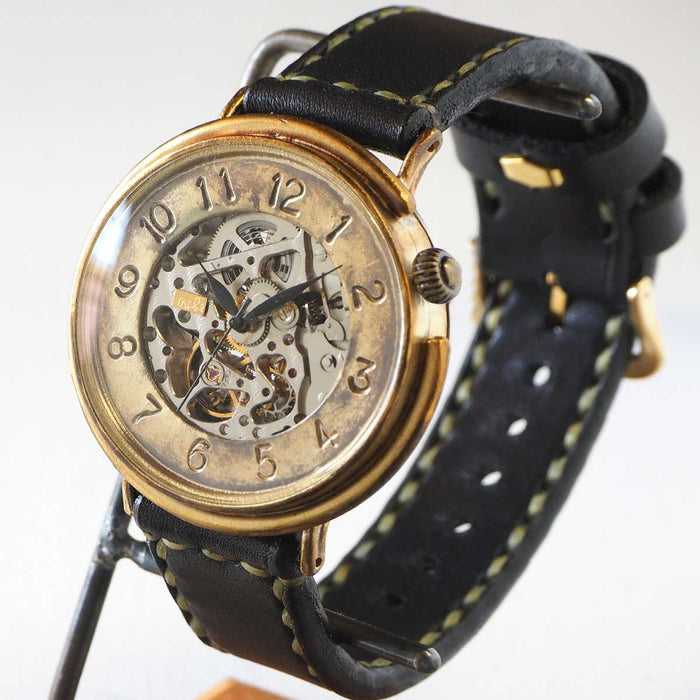Watanabe workshop handmade watch automatic winding back skeleton jumbo brass plate number face 42mm hand-sewn belt [NW-BAM043-T] 