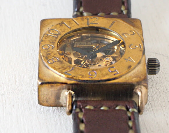 渡辺工房 手作り腕時計 自動巻きスクエア 裏スケルトン “LEFT” 手縫いベルト [NW-BAM049-T]