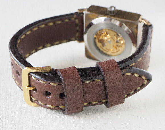 渡辺工房 手作り腕時計 自動巻きスクエア 裏スケルトン “LEFT” 手縫いベルト [NW-BAM049-T]