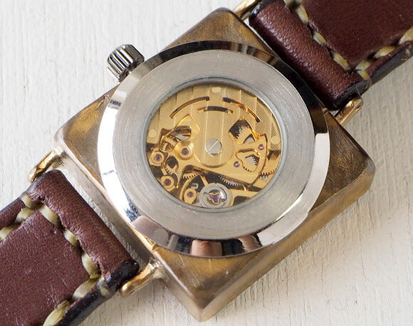 渡辺工房 手作り腕時計 自動巻きスクエア 裏スケルトン “LEFT” 手縫いベルト [NW-BAM049-T]