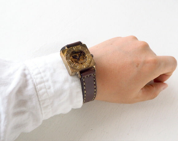 渡辺工房 手作り腕時計 自動巻きスクエア 裏スケルトン “LEFT” 手縫いベルト [NW-BAM049-T]