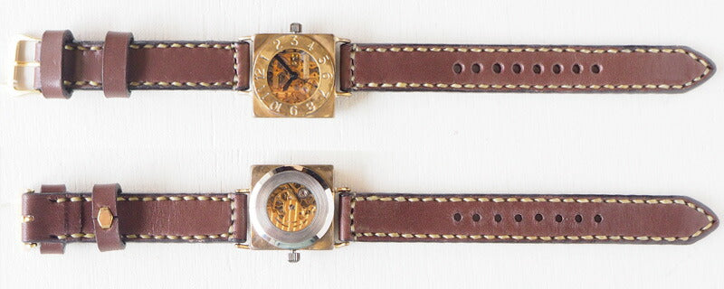 渡辺工房 手作り腕時計 自動巻きスクエア 裏スケルトン “LEFT” 手縫いベルト [NW-BAM049-T]