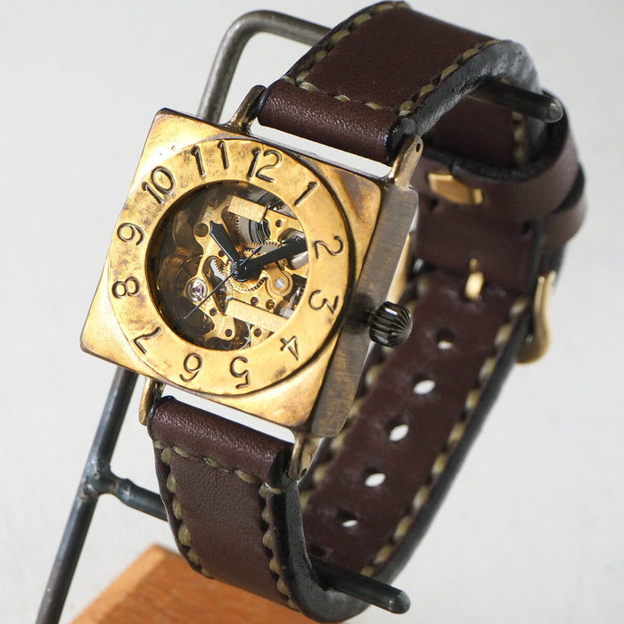 Watanabe Kobo 手工手錶自動方形後蓋鏤空“LEFT”手工縫製皮帶 [NW-BAM049-T] 