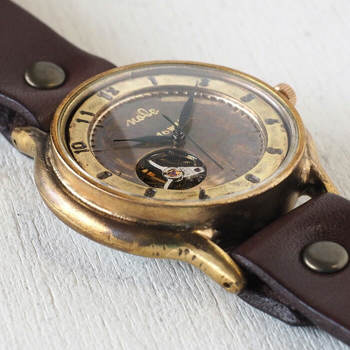 Watanabe Kobo Handmade Watch Automatic Winding Back Skeleton Jumbo Brass “Open Heart” Arabic Numerals [NW-BAM060] 