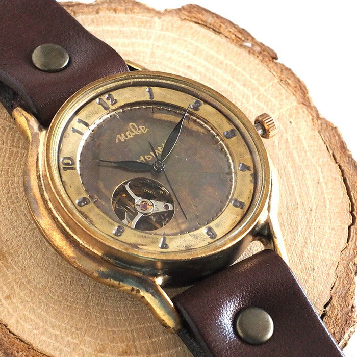 Watanabe Kobo Handmade Watch Automatic Winding Back Skeleton Jumbo Brass “Open Heart” Arabic Numerals [NW-BAM060] 