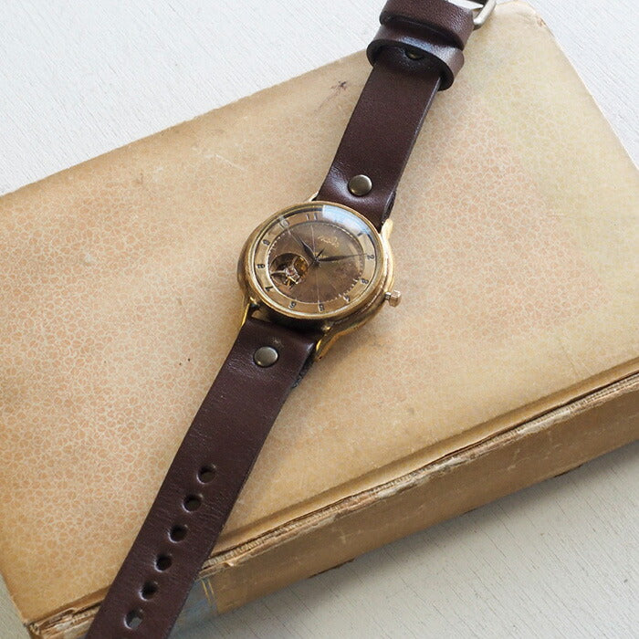 Watanabe Kobo Handmade Watch Automatic Winding Back Skeleton Jumbo Brass “Open Heart” Arabic Numerals [NW-BAM060] 