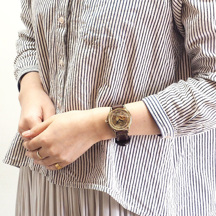 渡辺工房 手作り腕時計 自動巻き 裏スケルトン ジャンボブラス “オープンハート” ローマ数字 手縫いベルト [NW-BAM060-RO-T]