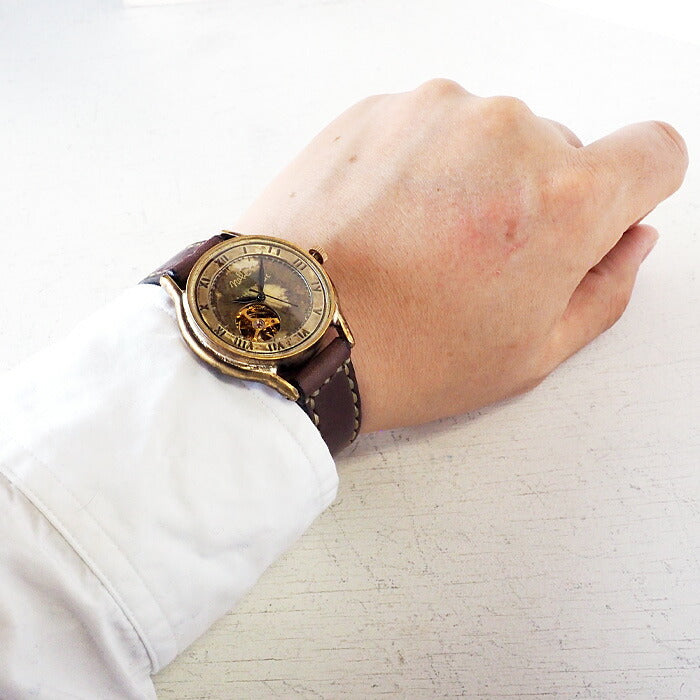 渡辺工房 手作り腕時計 自動巻き 裏スケルトン ジャンボブラス “オープンハート” ローマ数字 手縫いベルト [NW-BAM060-RO-T]