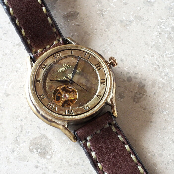 渡辺工房 手作り腕時計 自動巻き 裏スケルトン ジャンボブラス “オープンハート” ローマ数字 手縫いベルト [NW-BAM060-RO-T]