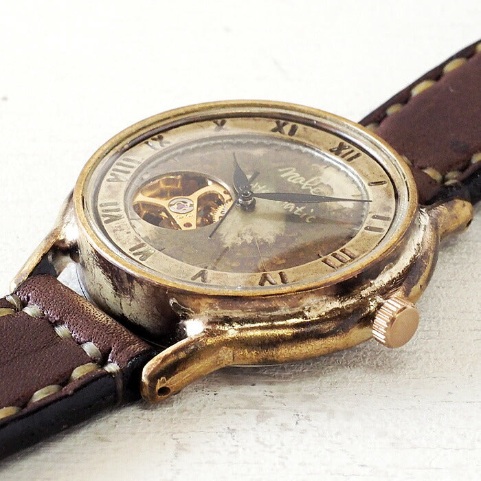 渡辺工房 手作り腕時計 自動巻き 裏スケルトン ジャンボブラス “オープンハート” ローマ数字 手縫いベルト [NW-BAM060-RO-T]