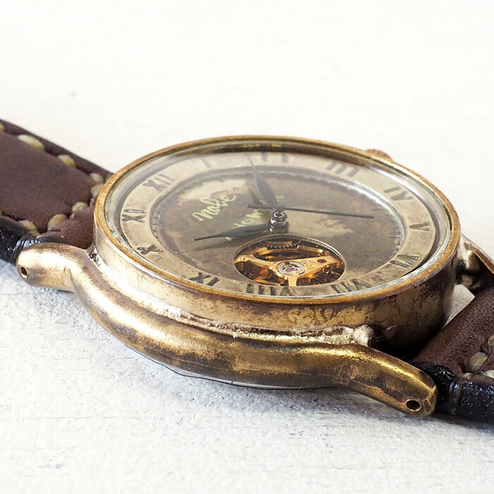 渡辺工房 手作り腕時計 自動巻き 裏スケルトン ジャンボブラス “オープンハート” ローマ数字 手縫いベルト [NW-BAM060-RO-T]