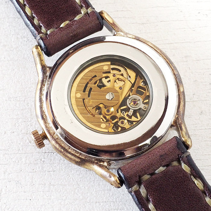 Watanabe Kobo 手工手錶 自動上鍊 後蓋 Skeleton Jumbo Brass "Open Heart" 羅馬數字手工縫製錶帶 [NW-BAM060-RO-T] 