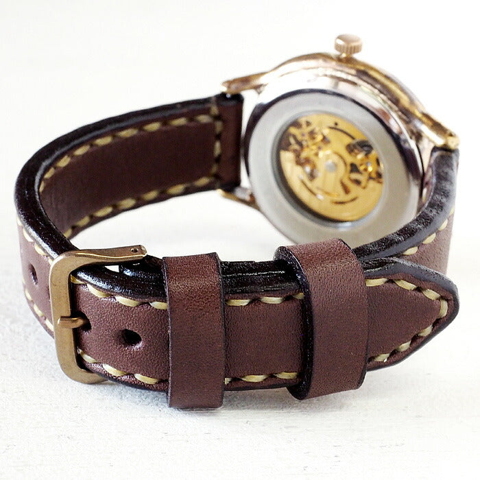 渡辺工房 手作り腕時計 自動巻き 裏スケルトン ジャンボブラス “オープンハート” ローマ数字 手縫いベルト [NW-BAM060-RO-T]