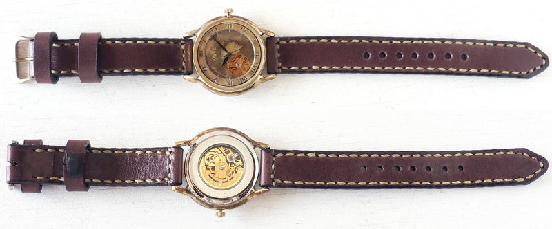 渡辺工房 手作り腕時計 自動巻き 裏スケルトン ジャンボブラス “オープンハート” ローマ数字 手縫いベルト [NW-BAM060-RO-T]