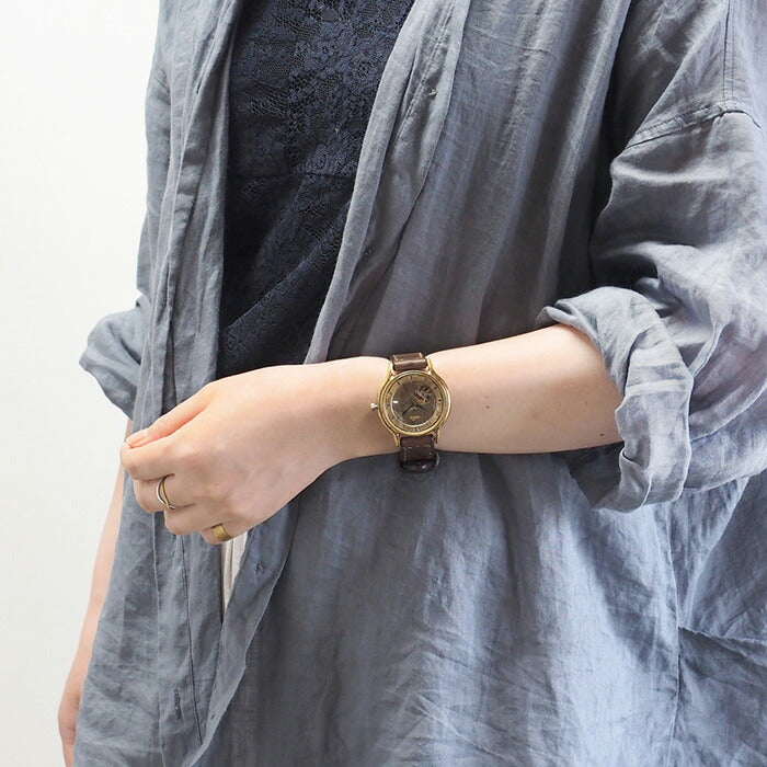 Watanabe Kobo 手工手錶 自動上鍊 後蓋 Skeleton Jumbo 黃銅 “Open Heart” 阿拉伯數字手工縫製錶帶 [NW-BAM060-T] 