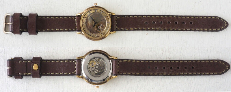 渡辺工房 手作り腕時計 自動巻き 裏スケルトン ジャンボブラス “オープンハート” アラビア数字 手縫いベルト [NW-BAM060-T]