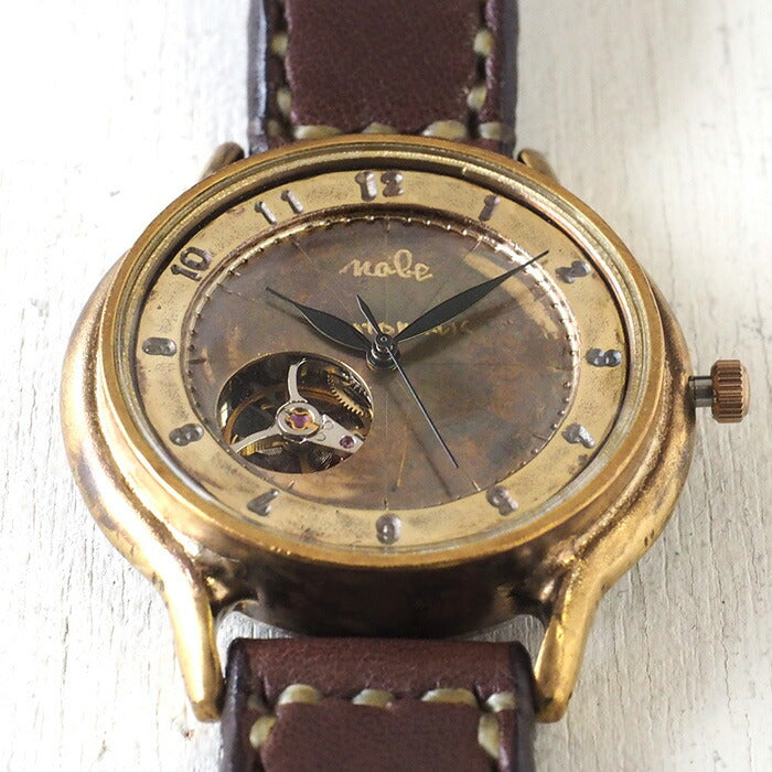 Watanabe Kobo 手工手錶 自動上鍊 後蓋 Skeleton Jumbo 黃銅 “Open Heart” 阿拉伯數字手工縫製錶帶 [NW-BAM060-T] 