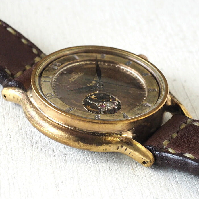 渡辺工房 手作り腕時計 自動巻き 裏スケルトン ジャンボブラス “オープンハート” アラビア数字 手縫いベルト [NW-BAM060-T]