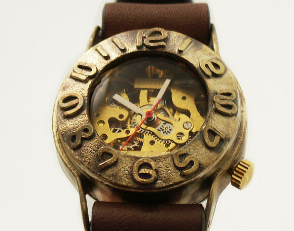 Watanabe Kobo Handmade Wristwatch Manual Winding Back Skeleton 3D Bezel Men's Brass [NW-BHW014] 