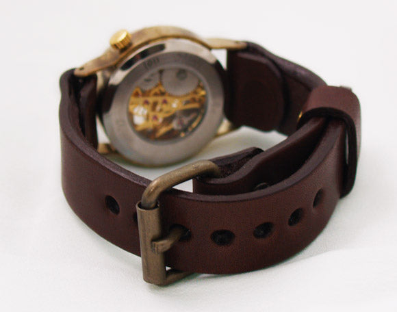 Watanabe Kobo Handmade Wristwatch Manual Winding Back Skeleton 3D Bezel Men's Brass [NW-BHW014] 