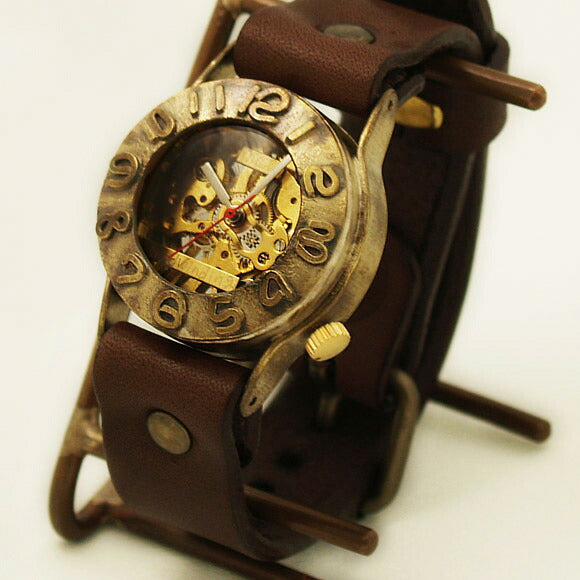 Watanabe Kobo Handmade Wristwatch Manual Winding Back Skeleton 3D Bezel Men's Brass [NW-BHW014] 