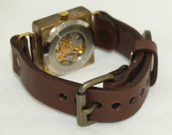 Watanabe Kobo Handmade Wristwatch Manual Winding Type Back Skeleton Square Men's Brass [NW-BHW049] 