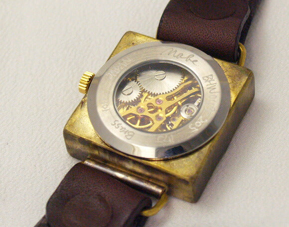 渡辺工房 手作り腕時計 手巻き式 裏スケルトン スクエア メンズブラス [NW-BHW049]