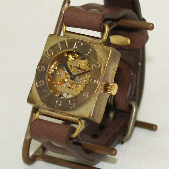 Watanabe Kobo Handmade Wristwatch Manual Winding Type Back Skeleton Square Men's Brass [NW-BHW049] 
