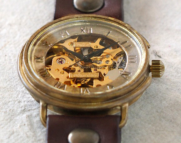 Watanabe Kobo Handmade Watch Back Skeleton Manual Winding Jumbo Brass Roman Numerals [NW-BHW059] 