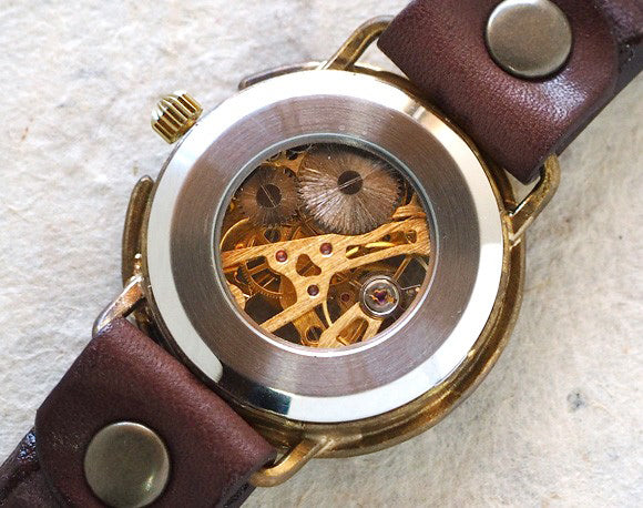Watanabe Kobo Handmade Watch Back Skeleton Manual Winding Jumbo Brass Roman Numerals [NW-BHW059] 