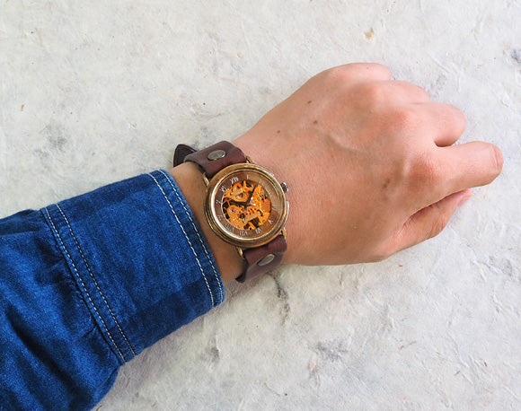 渡辺工房 手作り腕時計 裏スケルトン 手巻き式ジャンボブラス ローマ数字 [NW-BHW059]