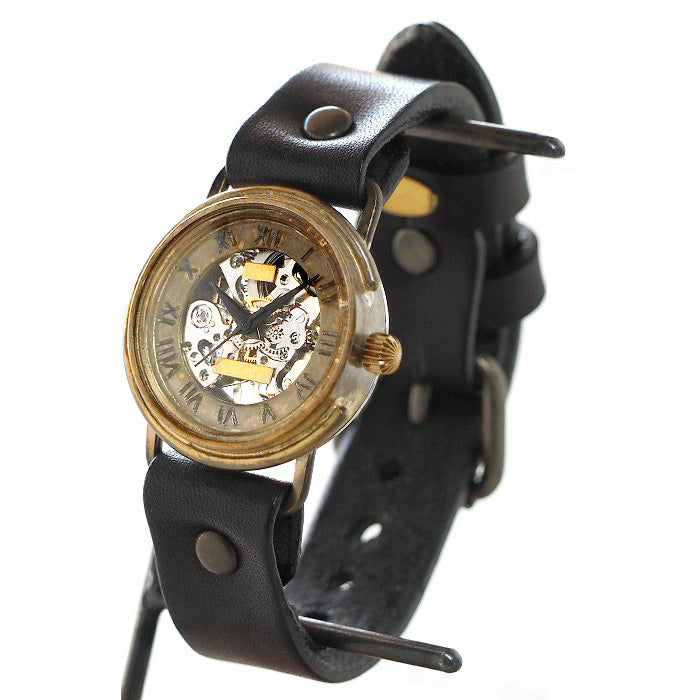 渡辺工房 手作り腕時計 裏スケルトン 手巻き式 メンズブラス ローマ数字 [NW-BHW063]