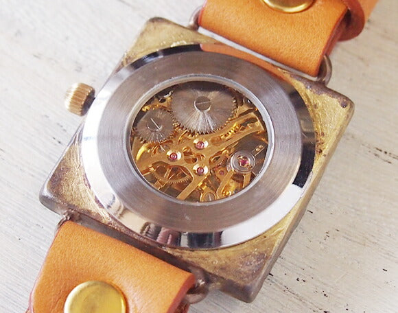 渡辺工房 手作り腕時計 手巻き式 裏スケルトン スクエア ジャンボブラス [NW-BHW085]