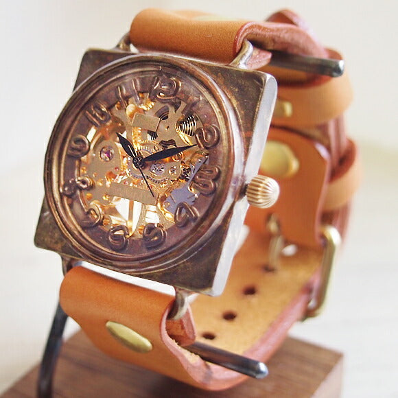 Watanabe Kobo Handmade Wristwatch Manual Winding Type Back Skeleton Square Jumbo Brass [NW-BHW085] 