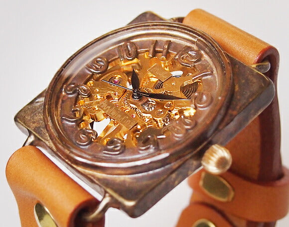 渡辺工房 手作り腕時計 手巻き式 裏スケルトン スクエア ジャンボブラス [NW-BHW085]