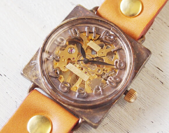 Watanabe Kobo Handmade Wristwatch Manual Winding Type Back Skeleton Square Jumbo Brass [NW-BHW085] 