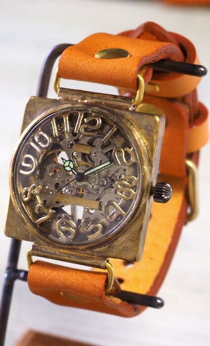 渡辺工房 手作り腕時計 手巻き式 裏スケルトン スクエア 36mmジャンボブラス 立体数字＆刻印数字 [NW-BHW096]