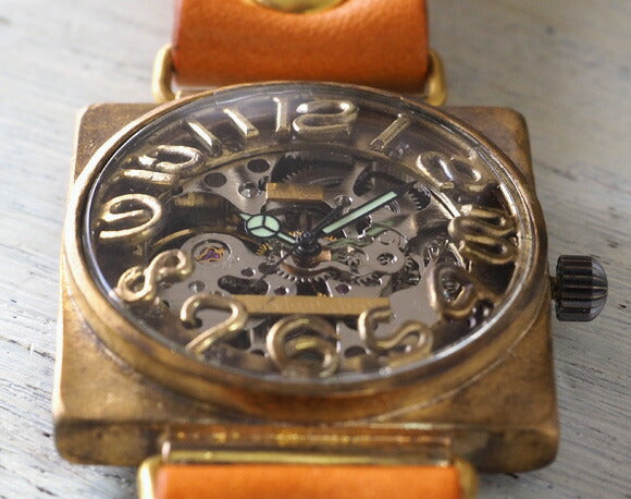 Watanabe Kobo 手工腕錶 手動上鍊 Type Back Skeleton Square 36mm Jumbo Brass 3D Numbers &amp; Engraved Numbers [NW-BHW096] 
